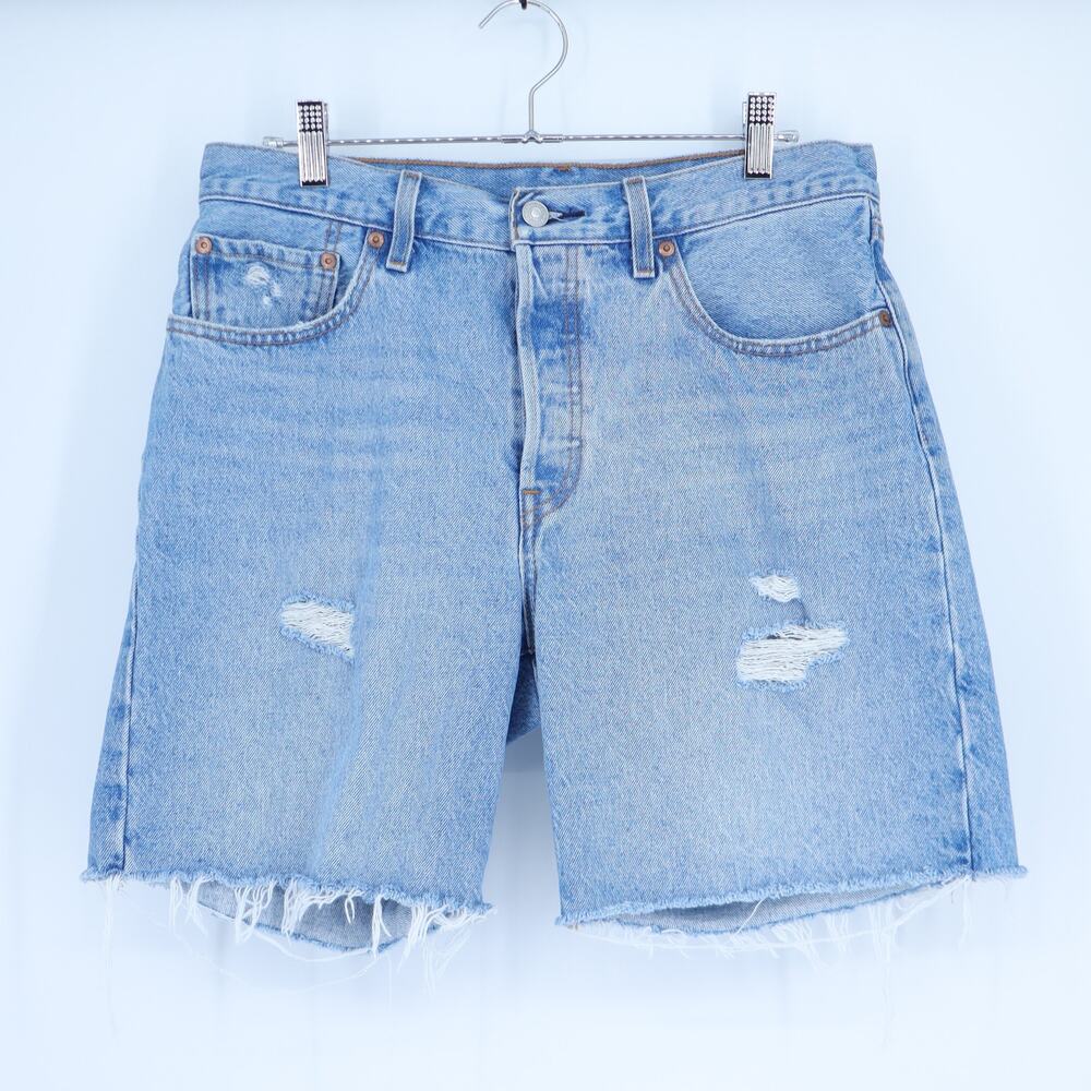LEVI'S 501 Distressed Denim Short Blue Mid Rise Light Wash Button Fly Women's 30